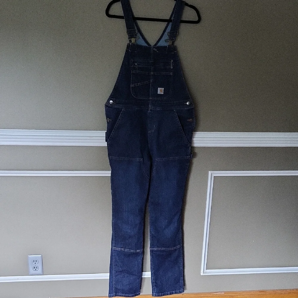 Carhartt Women's Denim Double Front Bib Overalls Size Small 4/6 Tall - Picture 1 of 12